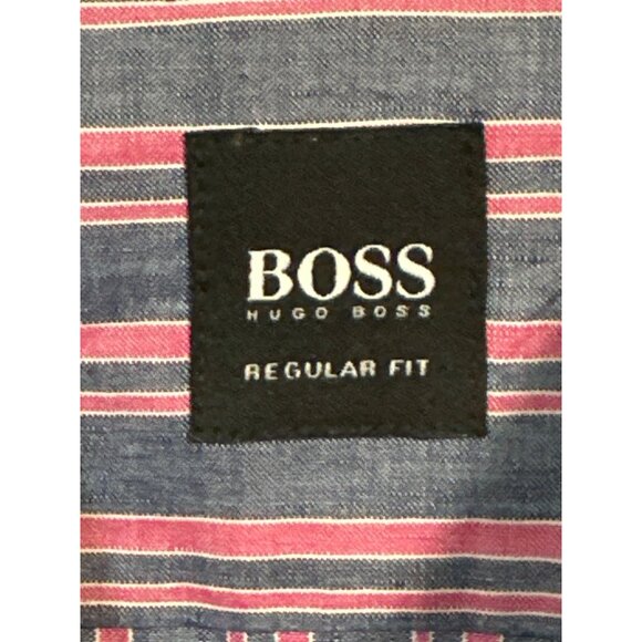 Hugo Boss Mens Blue/Pink Striped Long Sleeve Button-Up Shirt Large - Picture 2 of 6